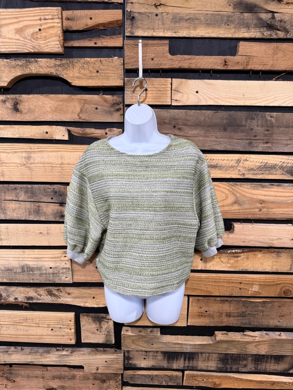 Anthropologie Eri + Ali S Top Shirt Puffer Sleeves Green Embroidery Stripe Crop